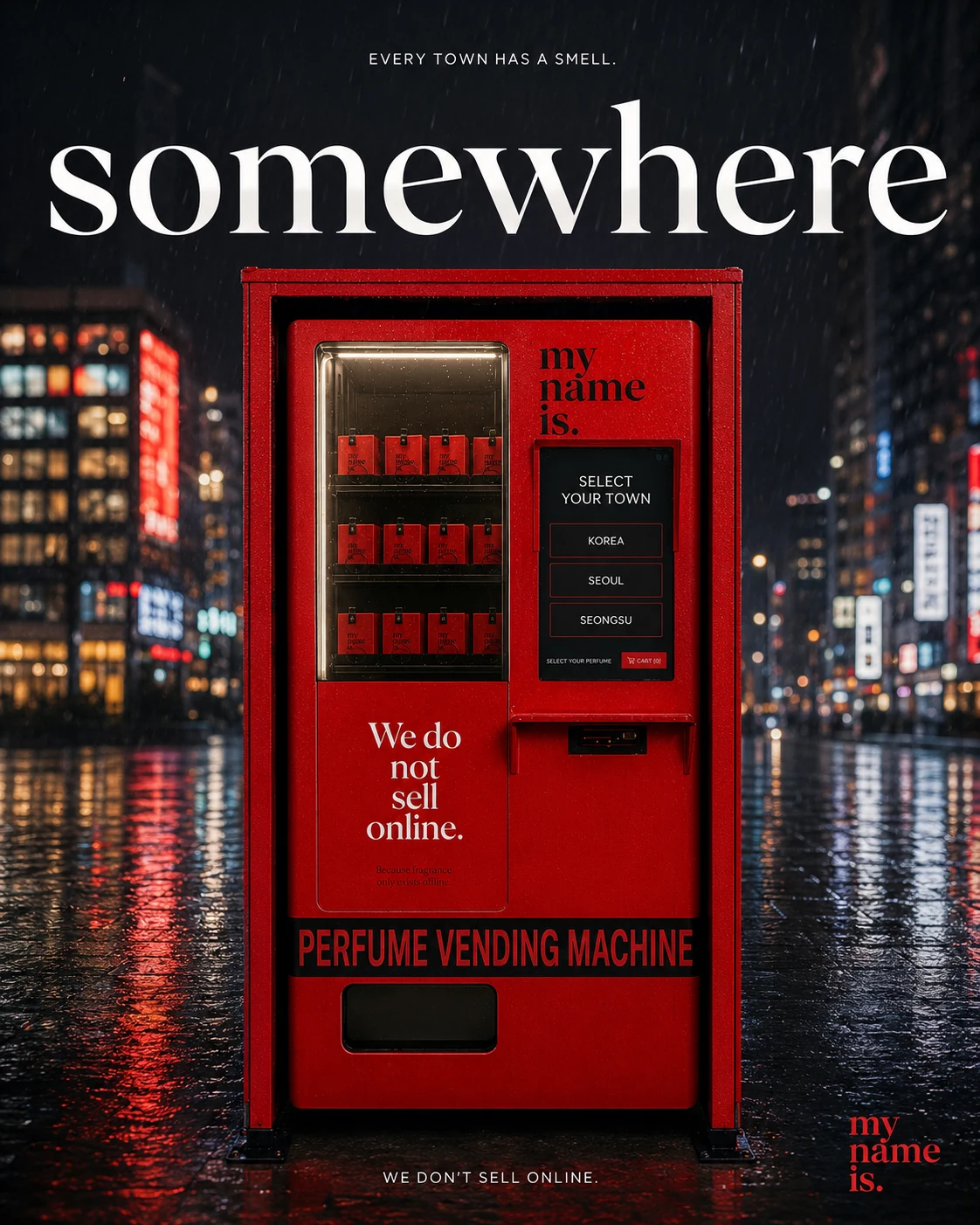 Perfume vending machine in a rainy city